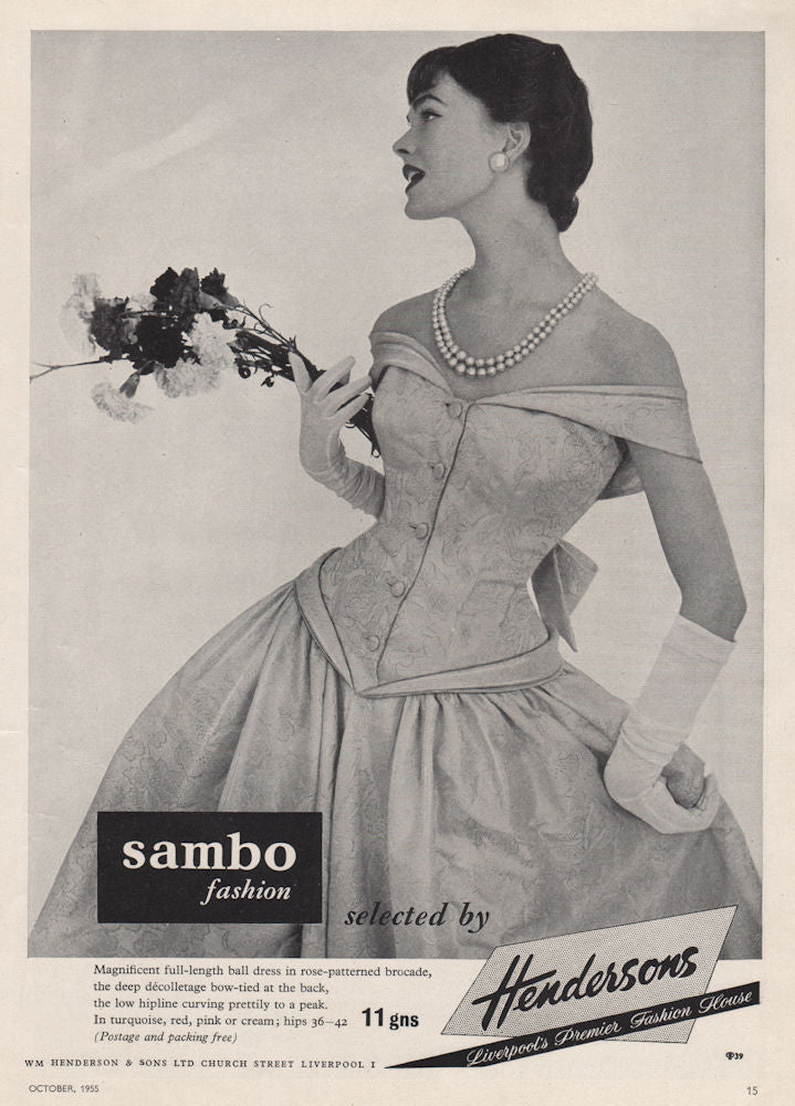 Sambo fashion, selected by Hendersons, Liverpool. Ball dress. Advert 1955